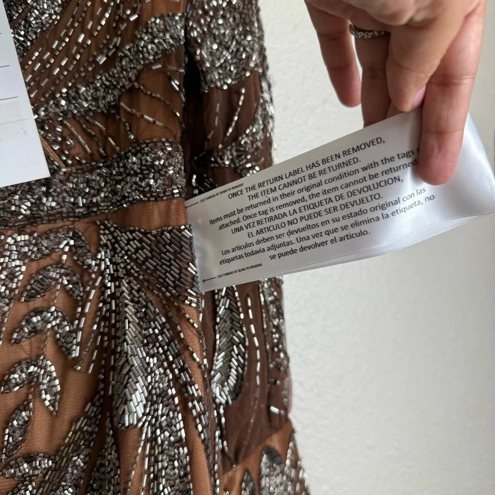 Mac Duggal Mocha Brown Beaded Long Sleeve Tulle Midi Cocktail Dress - Picture 8 of 14